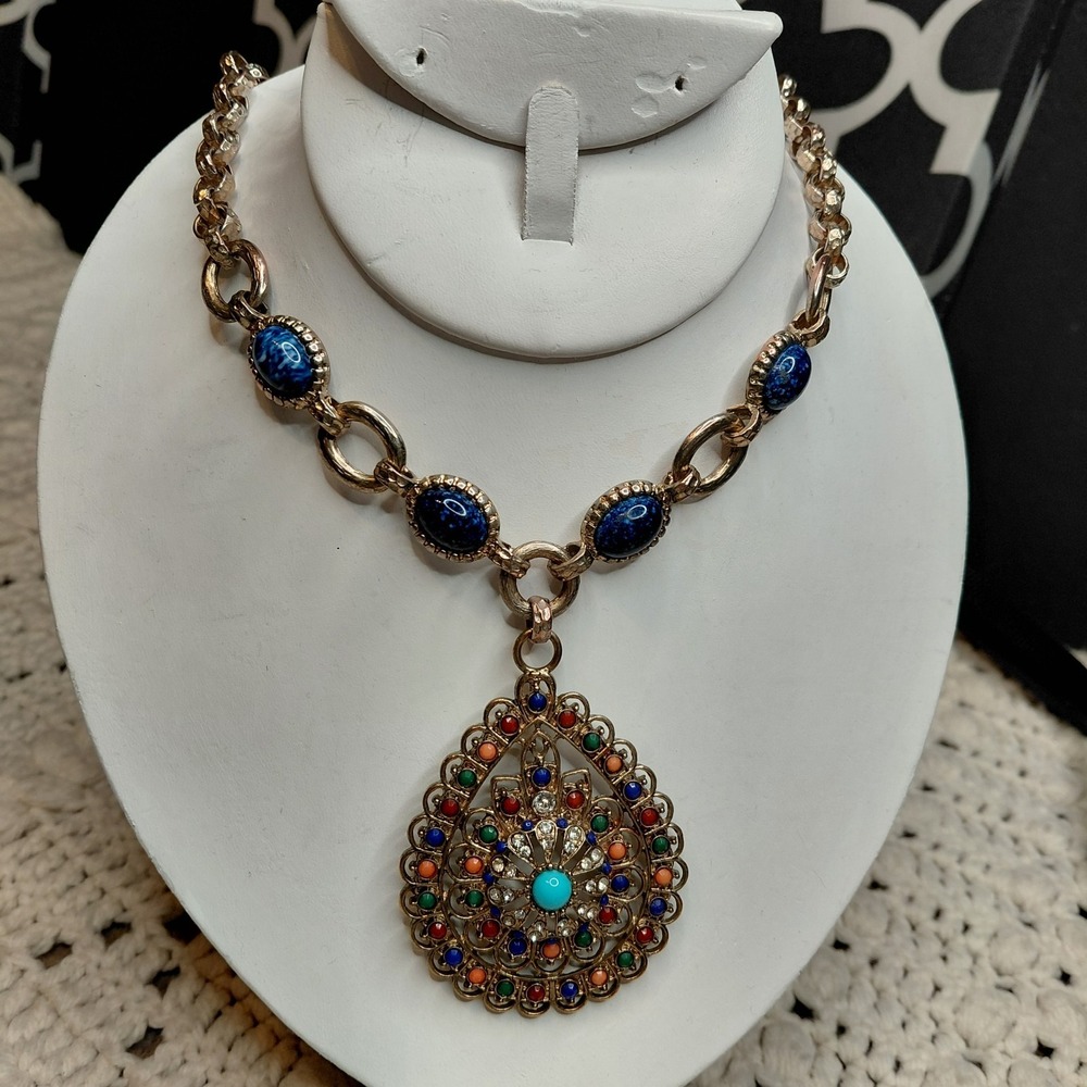 Vtg R.J. Graziano Necklace Estate Statement Colorful Eclectic Rhinestones Chunky